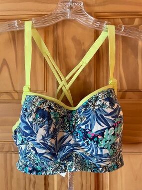 Victoria's Secret Blue Floral Longline Bra with Yellow Straps